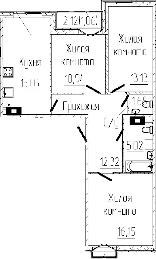 3-комнатная квартира 75.45 м², 6/8 эт., ЖК «SERTOLOVO PARK»